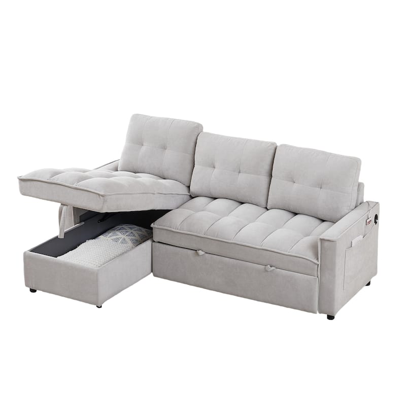 78.75" Reclining Pull-Out L-Shaped Sectional Sofa with USB, Storage, Pocket, LIGHT GREY Chenille