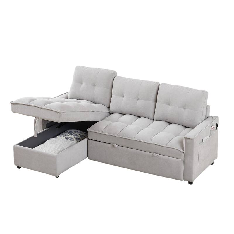 Grey 78.75" L-Shaped 3-Seater Reclining Sofa Bed with USB Ports and Storage