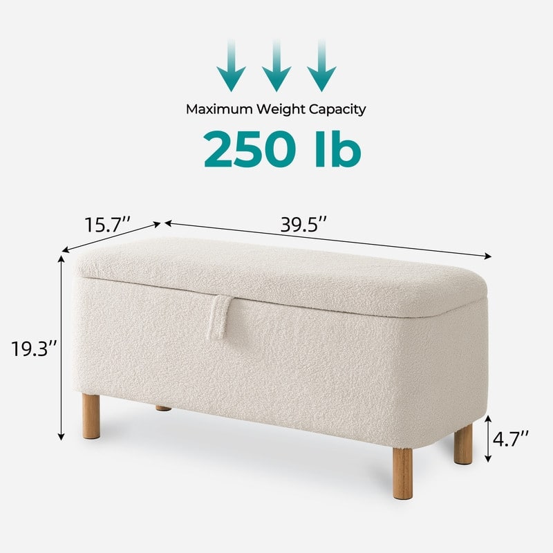39.5" Off White Boucle Storage Ottoman Bench Sherpa Storage Bench Ottoman Foot Rest End of Bed for Living Room Bedroom,Wood Leg