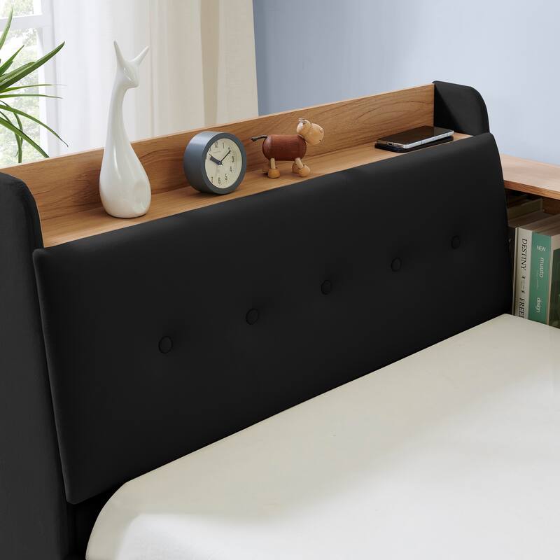 Twin Size Adjustable Velvet Day Bed with Storage, Trundle, LED Lights, and Wireless Charging