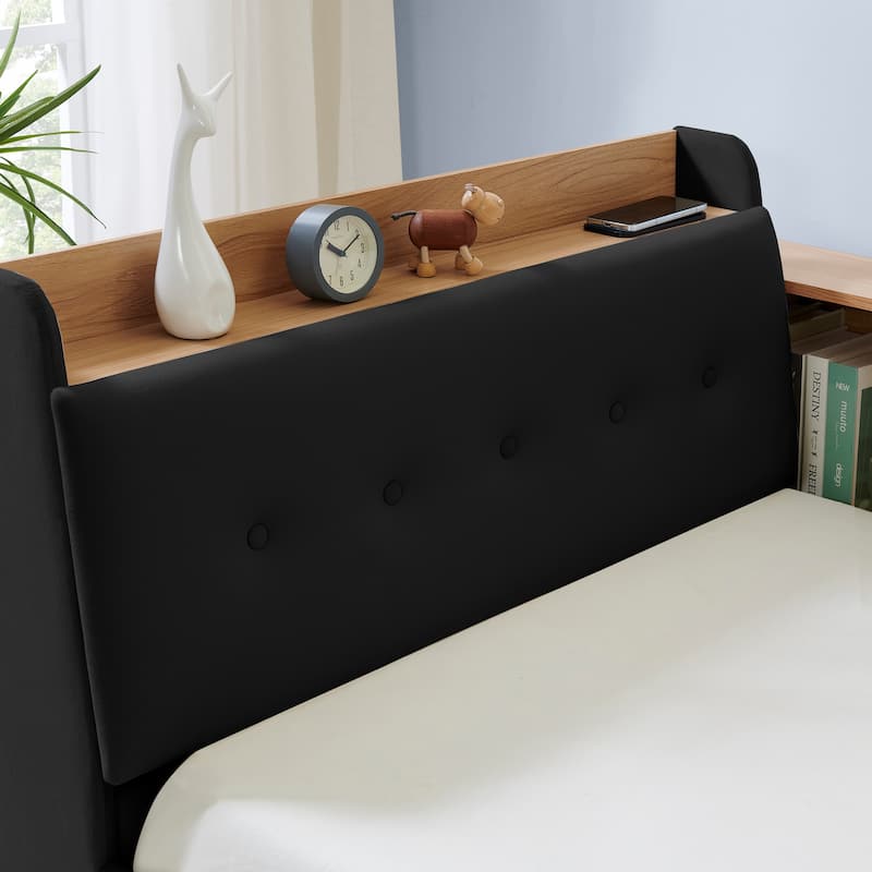 Twin Size Day Bed with Storage Headboard and Wireless Charging, Multi-functional Daybed with Two Storage Drawers & LED Lights
