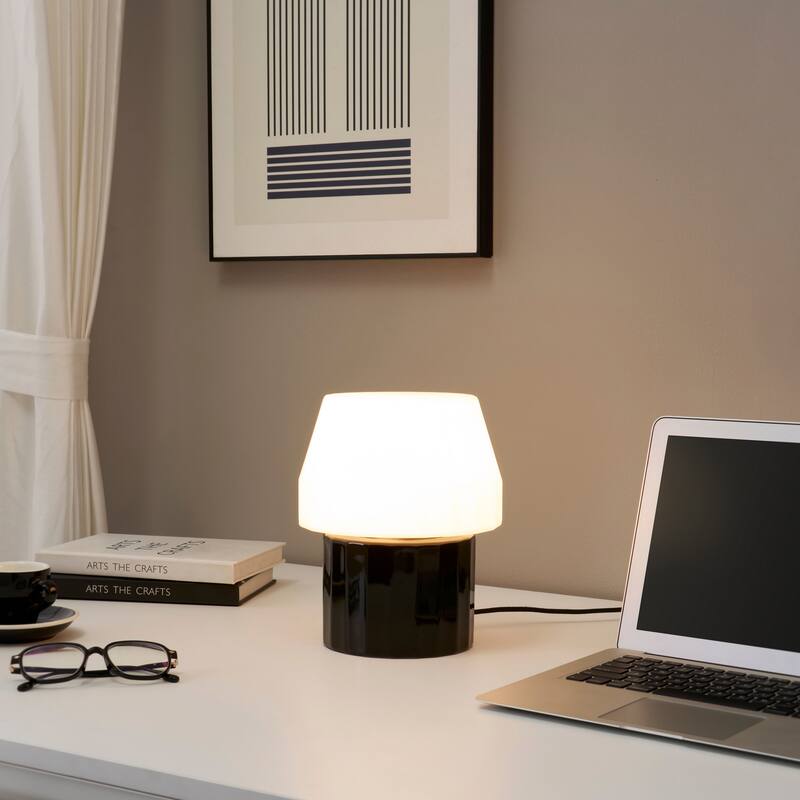 Brightech Duke 9.1 in Glossy Black Modern 7W 600Lm 2700K Dimmable Integrated LED Round Table Lamp With White Glass Unique Shade