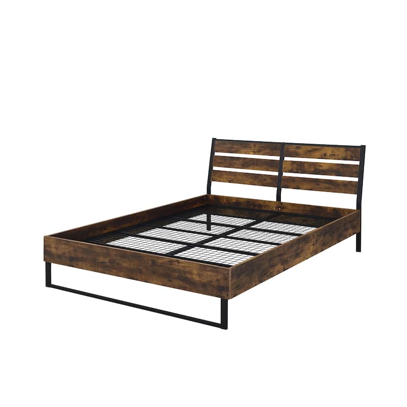 Rustic Oak & Black Finish King Bed with Metal Slats - Modern Industrial Style