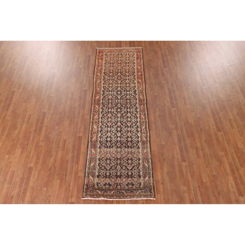 Brown Hamedan Persian Vintage Runner Rug Handmade Wool Carpet - 3'4"x 10'5"