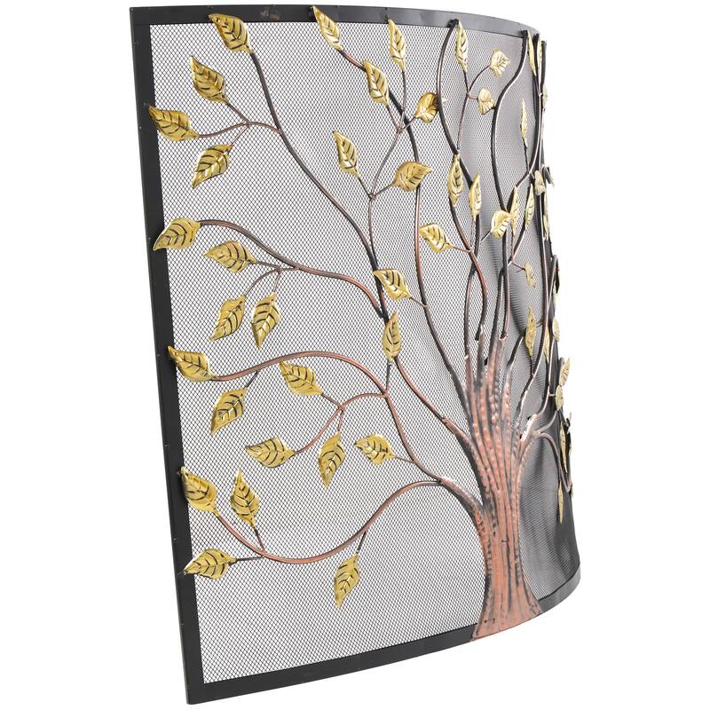 Metal Tree Sculpted Relief Single Panel Fireplace Screen with Curved Mesh Netting - Bronze - Roche River Decor