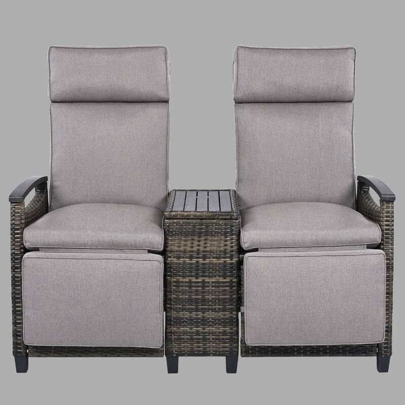 Outdoor Adjustable Recliner Loveseat with Acacia Wood Armrests, Built-In Storage Table, and Comfortable Cushions for Patio - Brown
