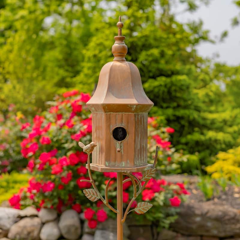 64" Tall Iron Birdhouse Stake "Victoria" - 8.75" L x 8" W x 64" H