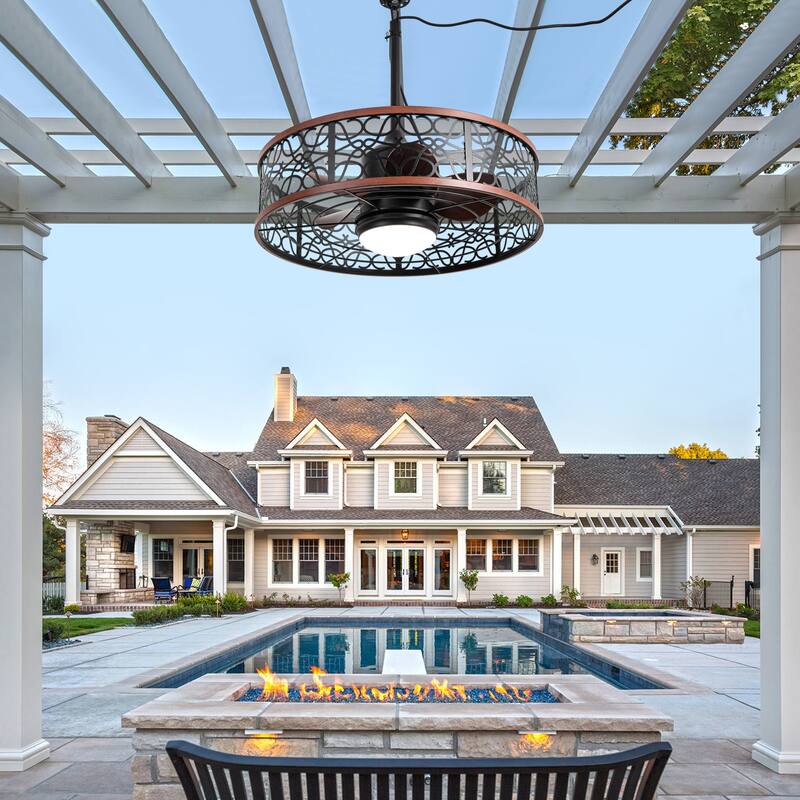 Bella Depot 24" Black Outdoor Ceiling Fan with LED Light and Remote 6-Speed for Patio Courtyard