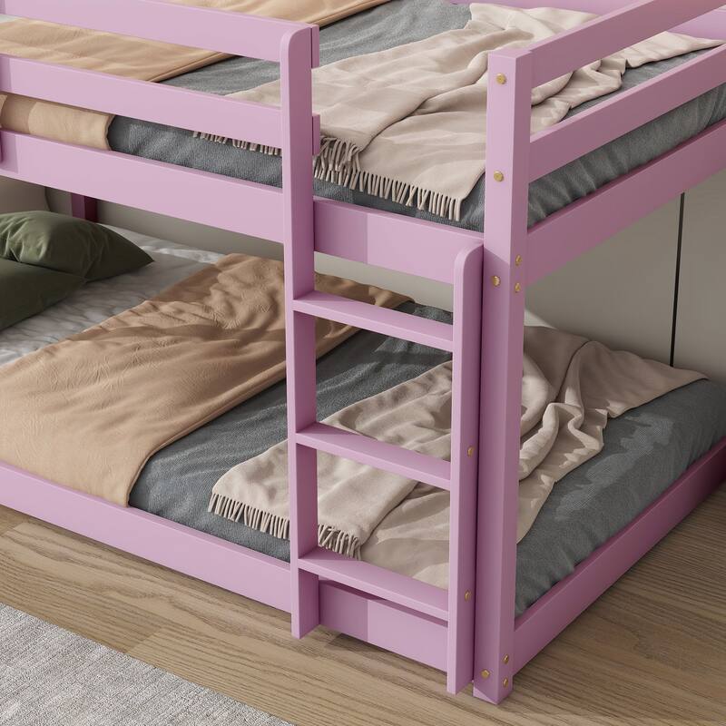 Wooden Twin over Twin Floor Bunk Bed with Ladder ,Upper and Bottom Bed Platforms