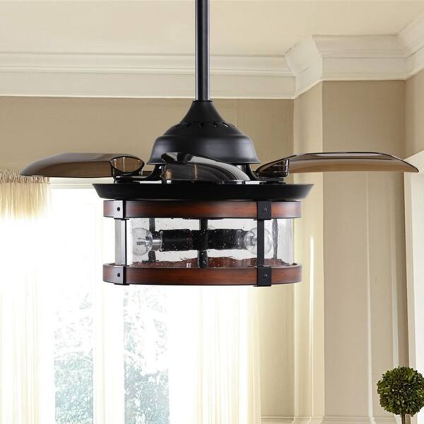 slide 2 of 7, Industrial 3-Blade 3-Light Black and Brown Retractable Caged Ceiling Fan with Light Kit and Remote - 36 Inches