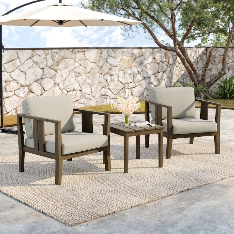 Teak Wood Upholstery Water-resistant Outdoor Armchair and Side Table Set (Set of 3)