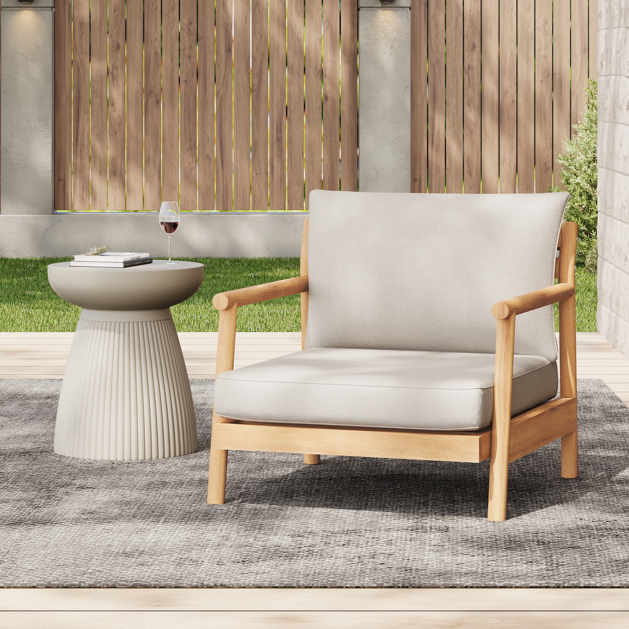 Roomfitters Outdoor Wood Patio Club Chair, Modern Deep Seating Armchair Lounge Sofa with Cushions for Deck, Teak and Beige
