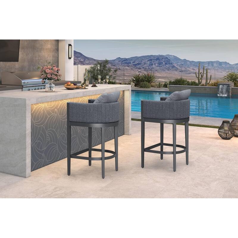 PURPLE LEAF Bar Stool Set of 2 Outdoor Rattan Bar Chair with Back Metal Bar Height Stool Wicker Barstool Dark Grey