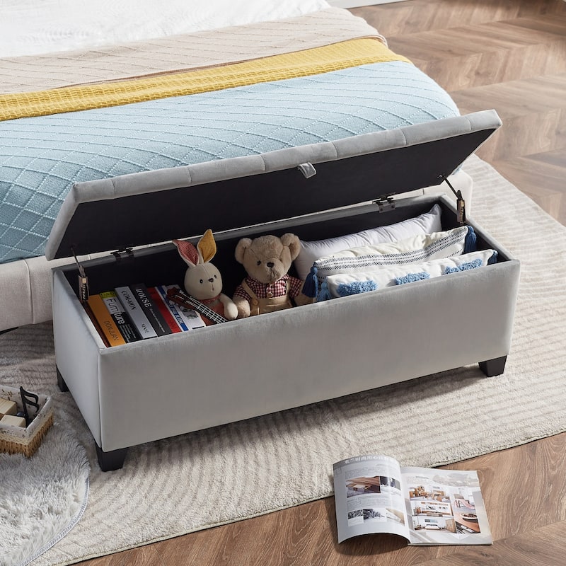 Grey Velvet Storage Ottoman Bench - High-Density Sponge, Sturdy Legs, Large Storage