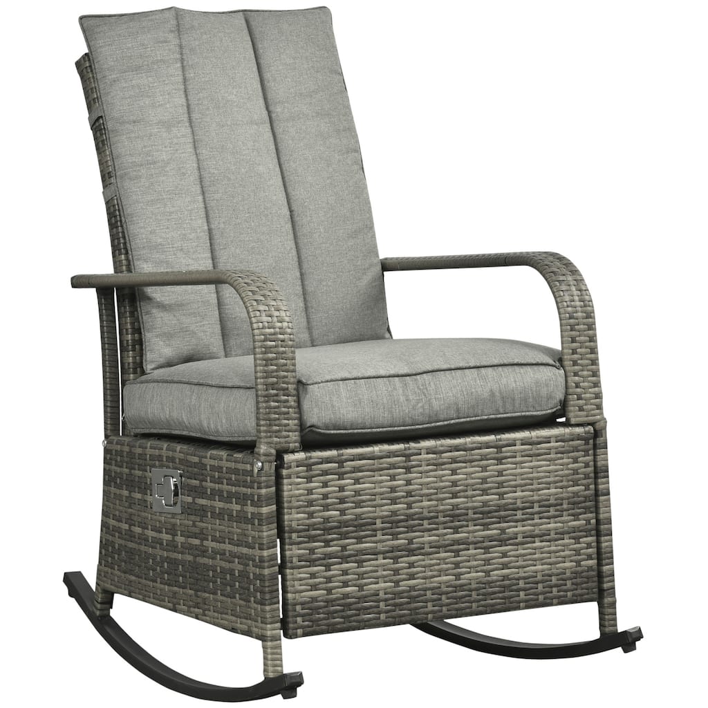 Outsunny Outdoor Rattan Rocking Chair Patio Recliner with Soft Cushions, Adjustable Footrest
