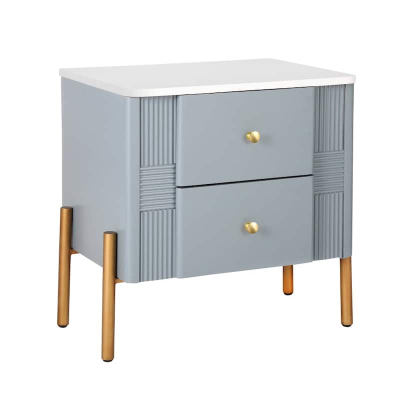 Modern Nightstand with 2 Storage Drawer and Golden Metal Handles for Living Room