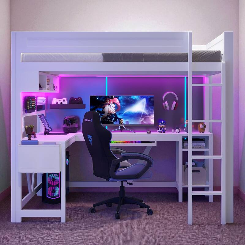 Full Size Wood Gaming Loft Bed with Desk, LED Shelves, Charging Station, Storage Shelf and Guardrails