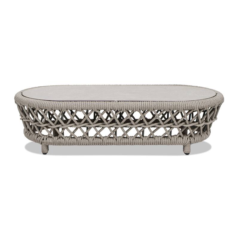 Everly 43.5" Oval Woven Patio Coffee Table, Light Beige Olefin Rope