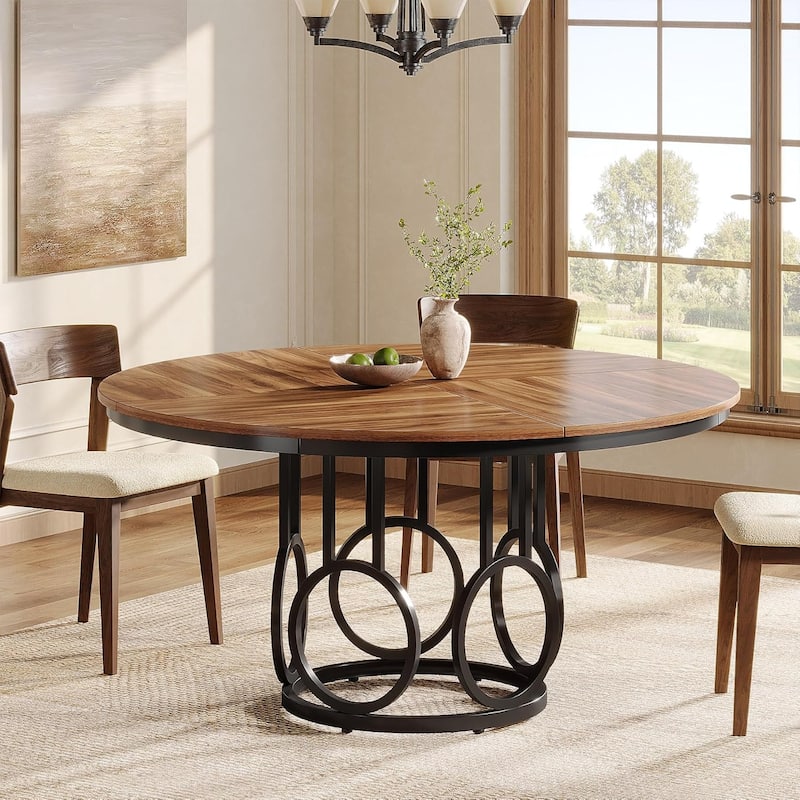 47-Inch Round Dining Table, Wood Kitchen Table with Sturdy Metal Base for 4-6 People - Brown