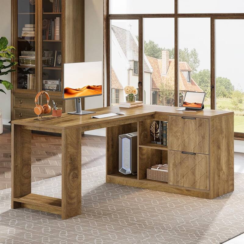 63" L-Shaped Executive Desk, Large Office Desk with File Cabinets and Shelves, Farmhouse Wooden Business Furniture