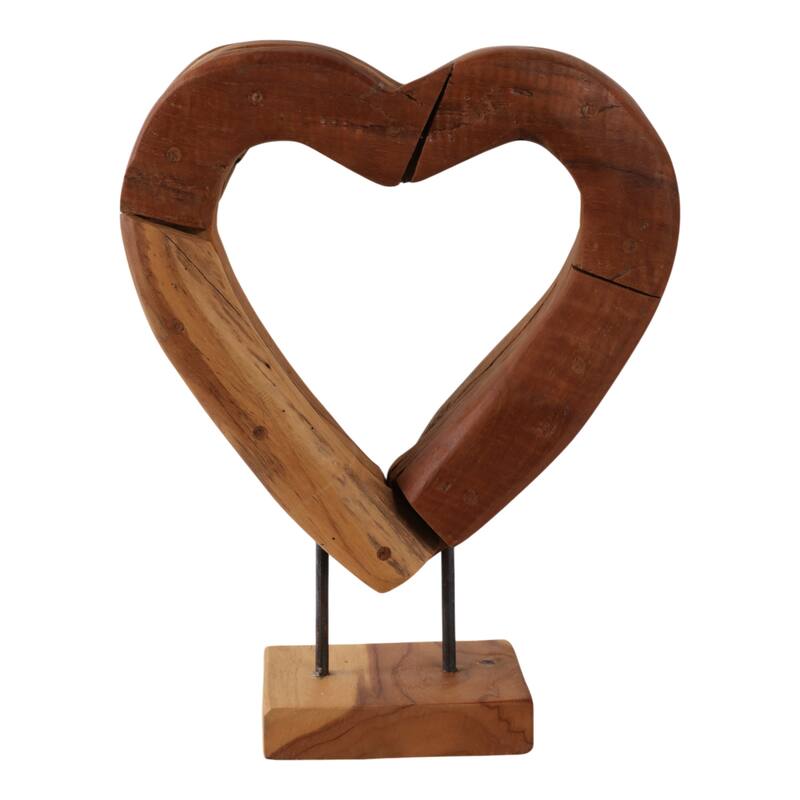 Teak Wood Heart Sculpture Natural Texture Rectangular Base - 15" Brown - 11.25" x 4" x 14.5"