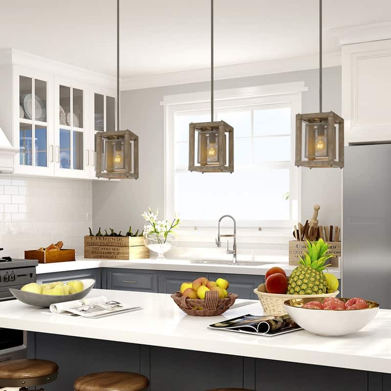 Farmhouse Square Wood 1-Light Pendant Light for Kitchen Island Dining Room - L8"xW8"xH10.5"