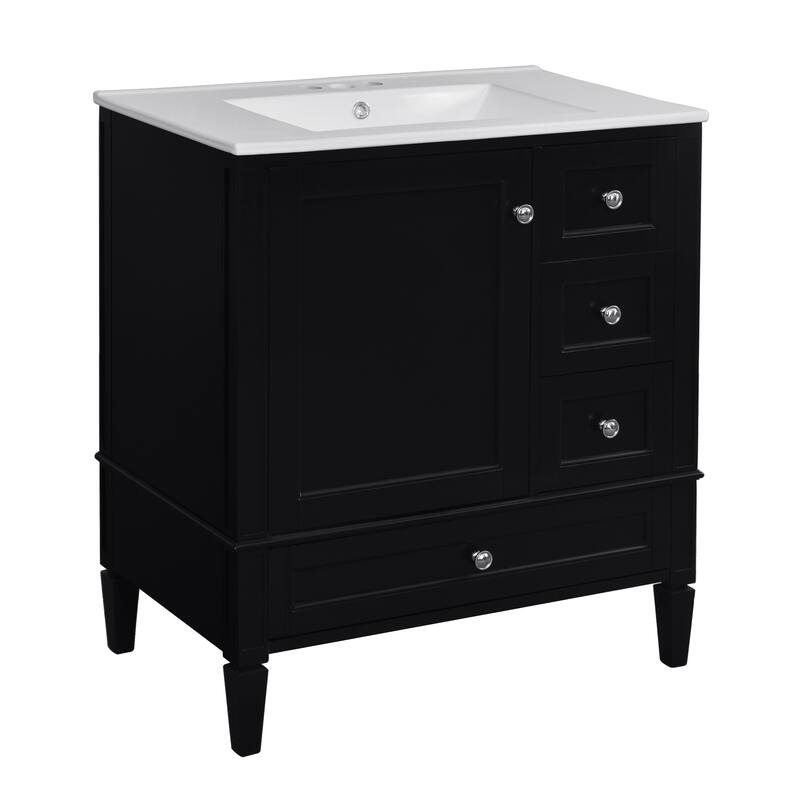 30" Bathroom Vanity with Ceramic Sink - Solid Wood Frame with 3 Drawers, Modern Bathroom Storage Cabinet