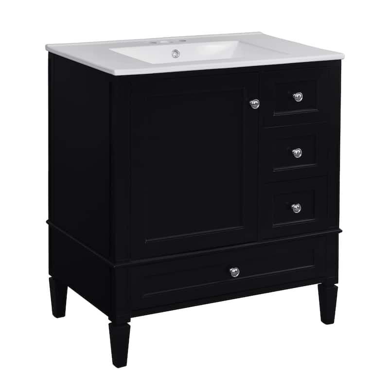 Roomfitters 30" Vanity with Ceramic Sink, Solid Wood Frame Bathroom Cabinet with 3 Drawers, Modern Storage Design