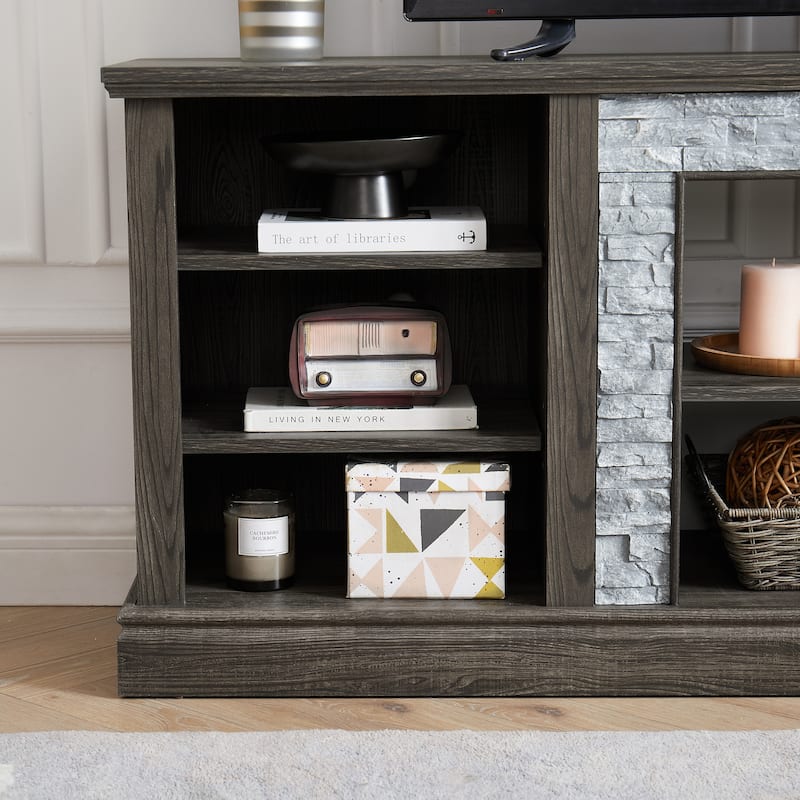 Large TV Stand Storage Rack with Faux Stacked Stone Surround,Media Console Table with Large Storage Cabinet