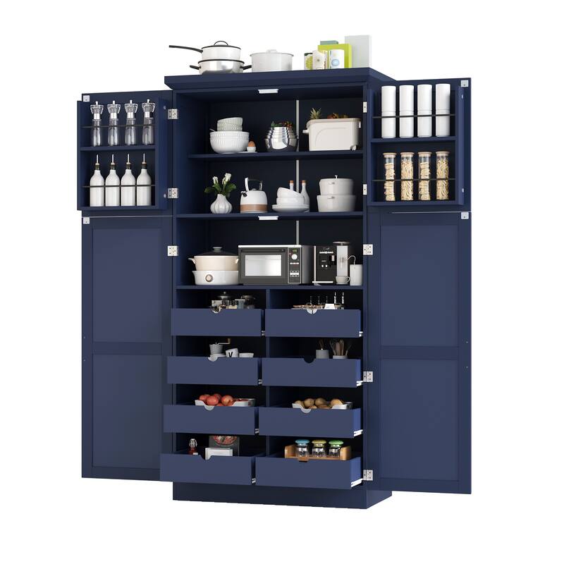 Roomfitters 71 Inch Freestanding Kitchen Pantry with 8 Pull-Out Trays and Door Shelves, Shaker Cabinet