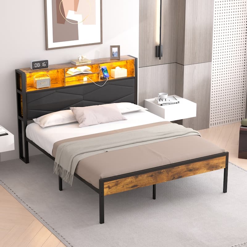 VECELO PU Leather Smart Bed Frame with RGB LED Lights and Bookcase Storage USB Outlet Charging Headboard No Box Spring