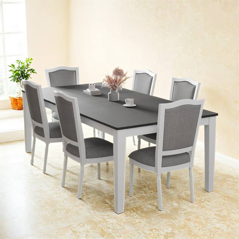 7-Piece 78.1inch Rustic Extendable Dining Table Set with 18inch Removable Leaf - Dark Grey,White