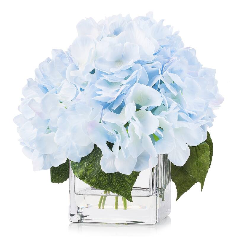 Enova Home Artificial Silk Hydrangea Fake Flowers Arrangement in Cube Glass Vase with Faux Water for Home Office Decoration - Azure