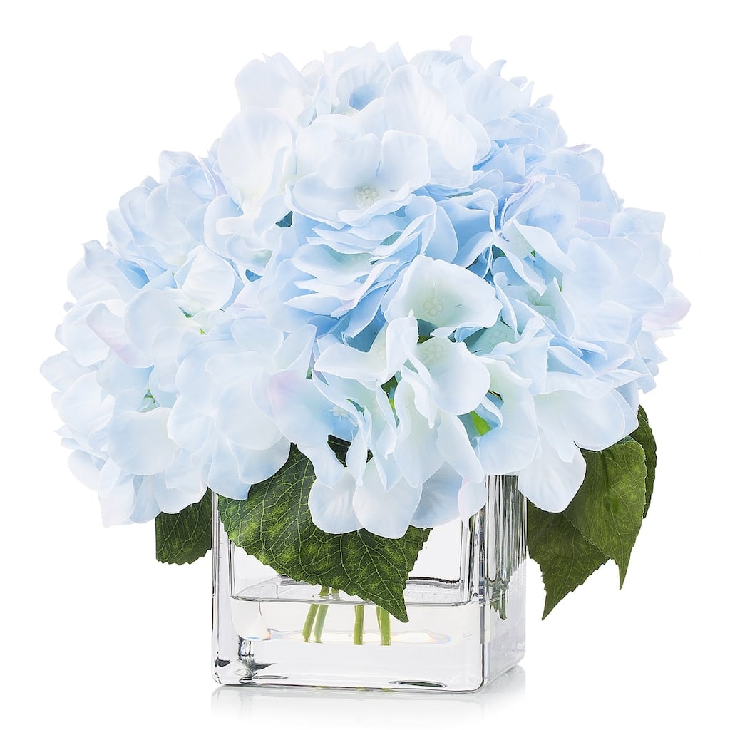 Enova Home Artificial Silk Hydrangea Fake Flowers Arrangement in Cube Glass Vase with Faux Water for Home Office Decoration