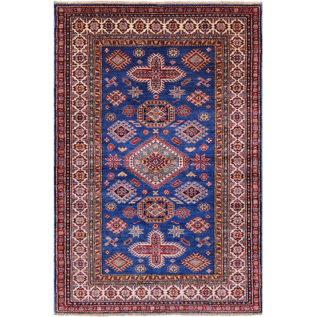 Golden Nile Blue Super Kazak Hand Knotted Wool Rug - 4' 0" X 5' 10"