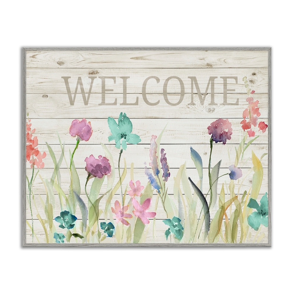 Stupell Welcome Sign Spring Wildflower Meadow Rustic Pattern Framed Wall Art