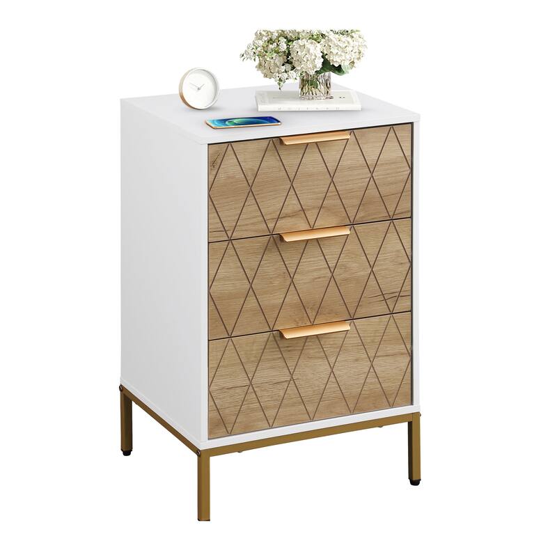 Nightstand with 3 Drawers, Mid-Century Modern End Table,Gold Metal Feet, Gold Metal Handles