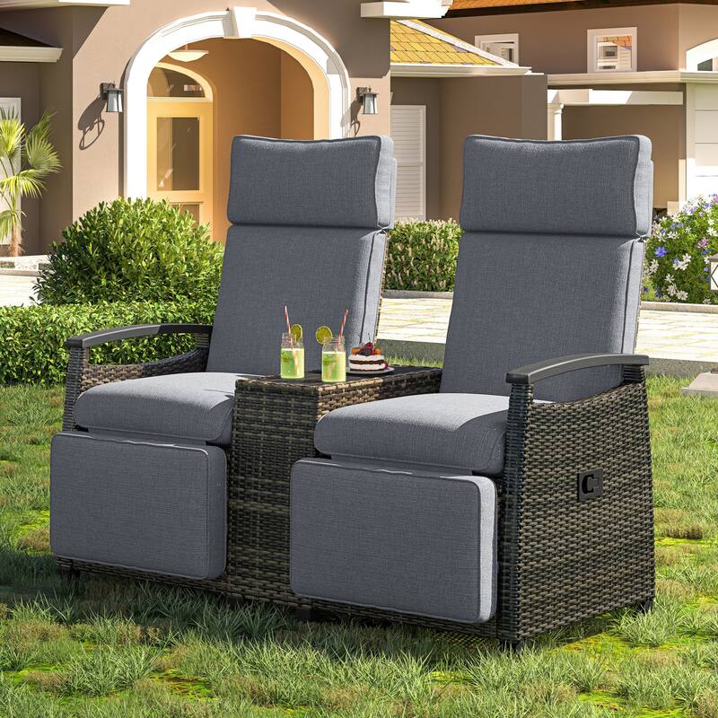 Patio Recliner Loveseat with Storage Table and Adjustable Back - 53.3" x 23.6" x 46.1" - Grey