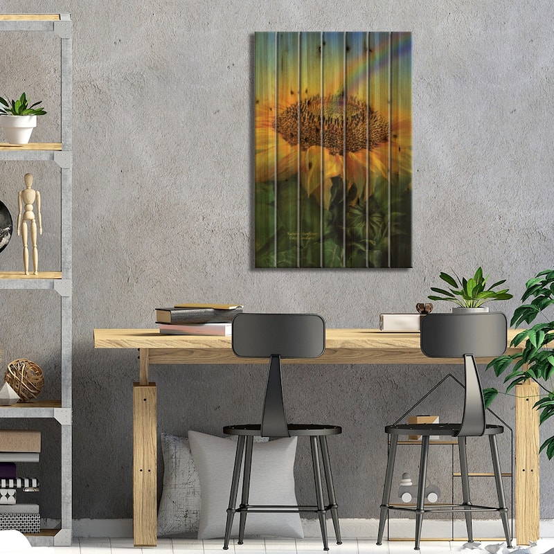 Rainbow Sunflower Print On Wood by Carol Cavalaris - Multi-Color