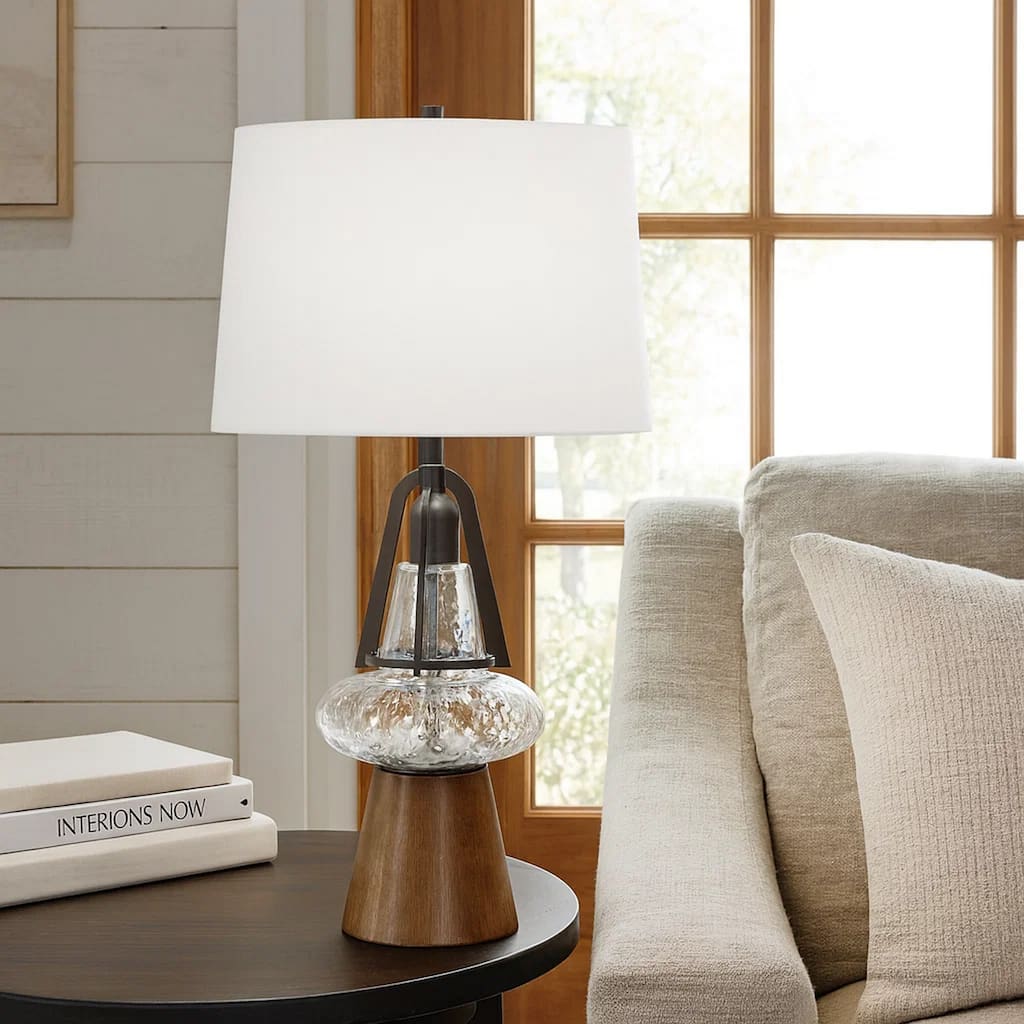 Leya 30 Inch Table Lamp, Lantern Style Glass Base, White Fabric Shade