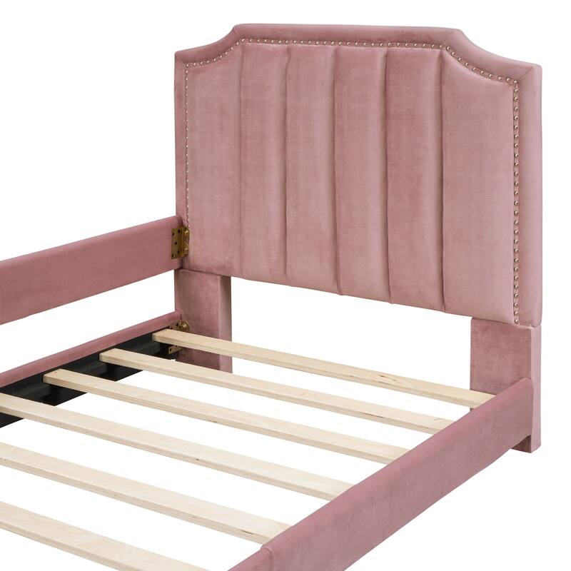 Twin Upholstered Daybed with Stripe Shaped Headboard, Durable Wood Frame, No Box Spring Required - Grey/Beige/Pink