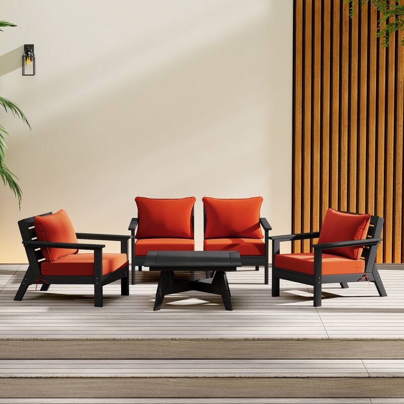 Birchwood All Weather HDPE Outdoor Patio Black Deep Seating Conversation Set (5-Piece Set) - Black/Orange