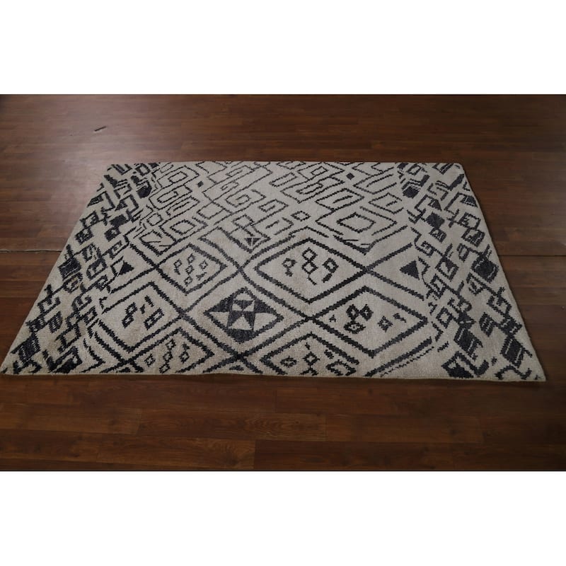 Abstract Moroccan Oriental Area Rug Hand-Knotted Wool Carpet - 3'10" x 5'9"