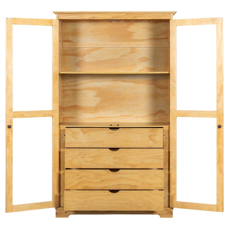 Kitchen Pantry Storage Cabinet with Glass Doors and 4 Built-In Drawers