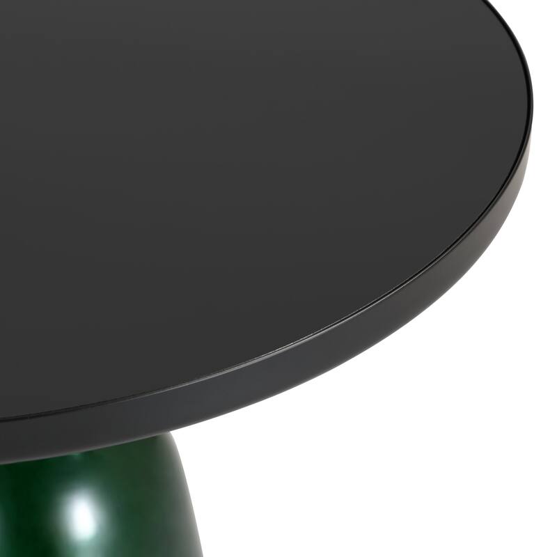 19-Inch Side Table Round Glass/Stone Tabletop End Table with Black Iron Rim and Glass Base