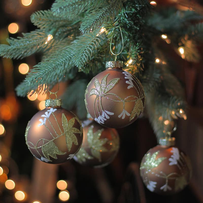 4ct Brown Gold 2-Finish Floral Glass Christmas Ball Ornaments 3.25"