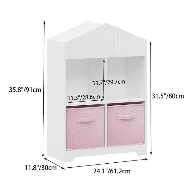 dimension image slide 0 of 2, Kids Dollhouse Bookcase with 2 Collapsible Fabric Drawers，White