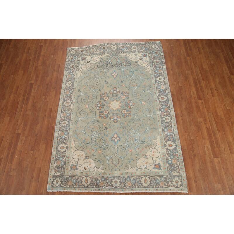 Hand Knotted Oriental 100% Wool Carpet Traditional Floral Green Tabriz Area Rug - 9' 5'' X 6' 2''