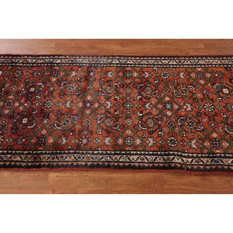 Hand Knotted Oriental 100% Wool Carpet Traditional All-Over Oranges & Rust Hamedan Runner Rug - 8' 2'' X 2' 8''