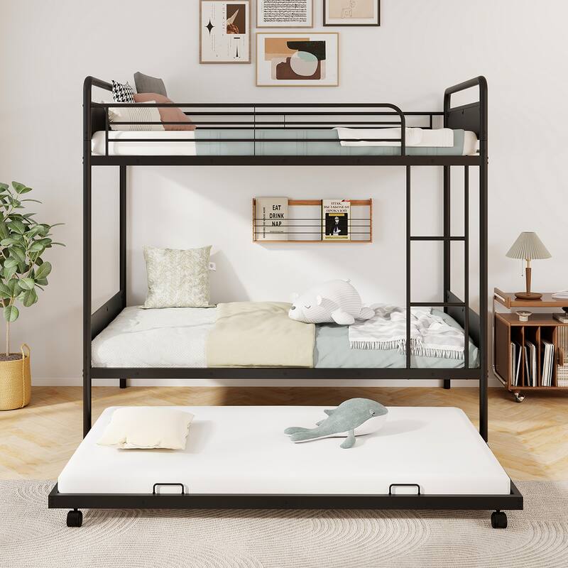 Gymax Twin Over Twin Bunk Bed w/ Trundle Industrial Metal Bunkbed
